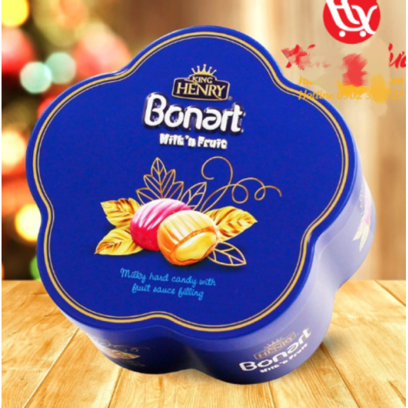 KẸO CỨNG SỮA TRÁI CÂY BONART NHÂN SỐT TRÁI CÂY HỘP THIẾC 100G/ KING HENRY BONART MILK ‘N FRUIT