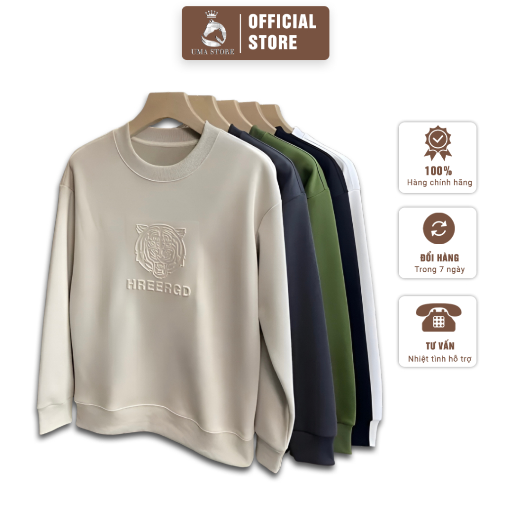 Áo Nỉ Nam UMA STORE Dập Hình Nổi, Chất Liệu Nỉ Da Cá Co Giãn Siêu Mềm Mại Ấm Áp, Áo Sweat Dài Tay Cổ Tròn Họa Tiết SPA32