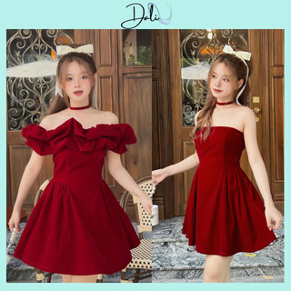 Đầm Nhung Đỏ 3 Món Tách Rời Thiết Kế Trễ Vai Tặng Kèm Choker, Váy Dự Tiệc Sang Chảnh