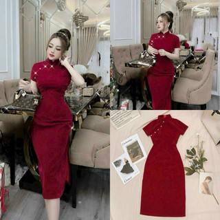 đầm nữ Tết chất nhung cứng cổ tàu chéo nút đính cườm tay ngắn foom ôm body màu đỏ xẻ tà HQ