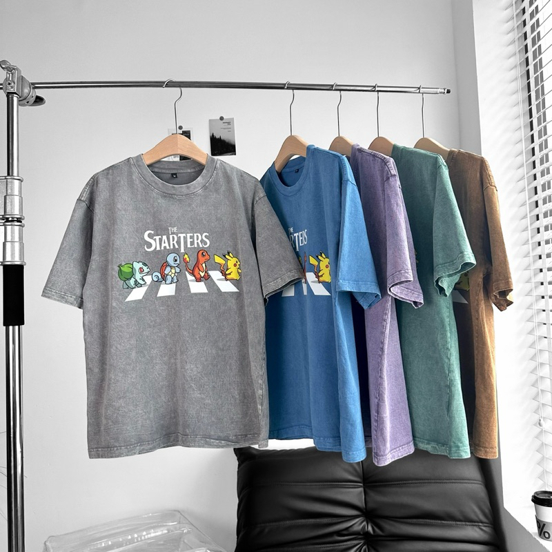Áo thun wash unisex,chất thun 240gsm in hình Poke 5 màu
