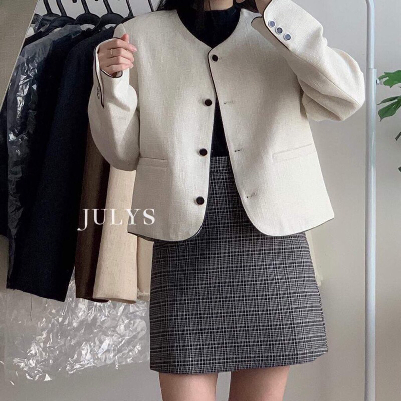 Áo khoác dạ nữ, Áo khoác dạ tweed viền phối khuy đen style thanh lịch