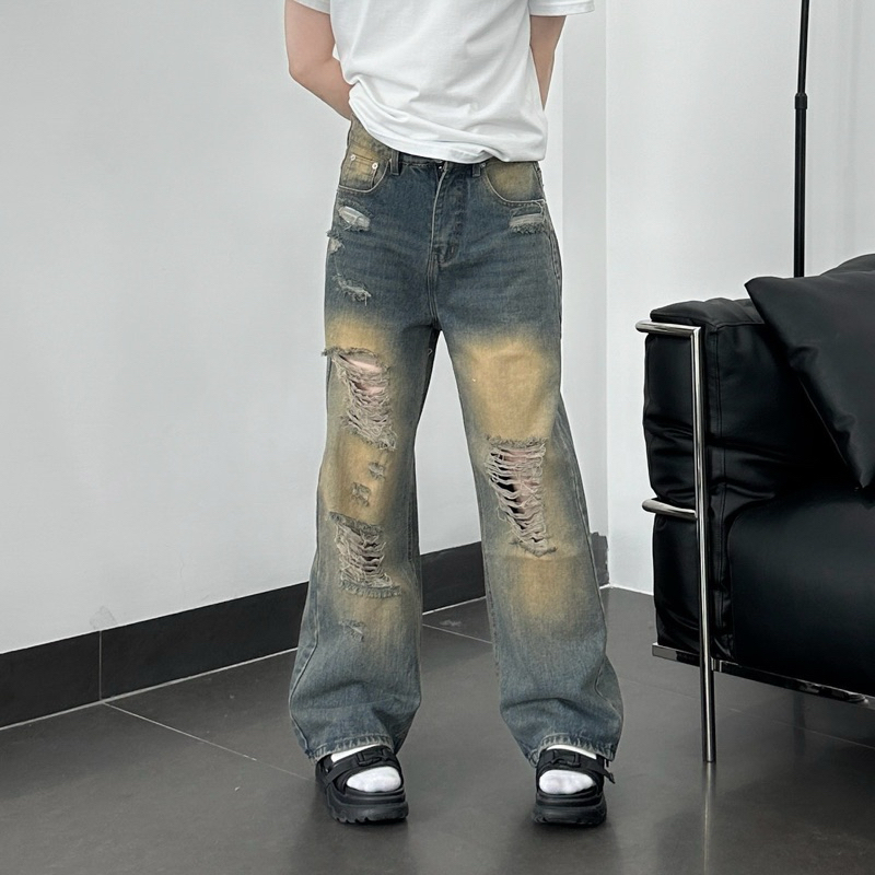 QUẦN  JEANS XANH RÁCH WASH NÂU LOANG - FROM RỘNG - Chất Liệu Jeans Cao Cấp - Kèm Ảnh Thật ms1242