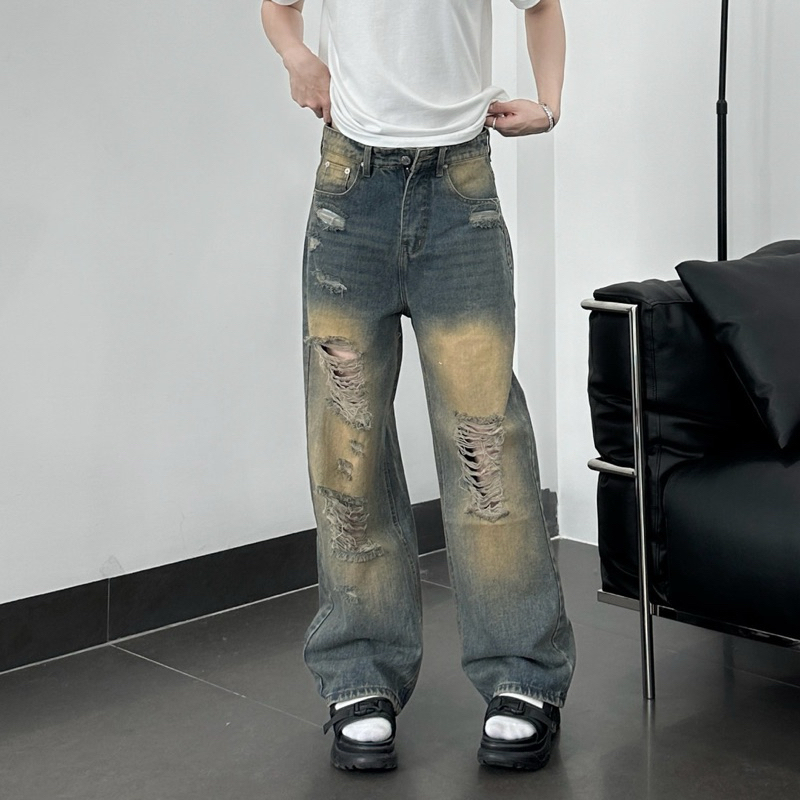 QUẦN  JEANS XANH RÁCH WASH NÂU LOANG - FROM RỘNG - Chất Liệu Jeans Cao Cấp - Kèm Ảnh Thật ms1242