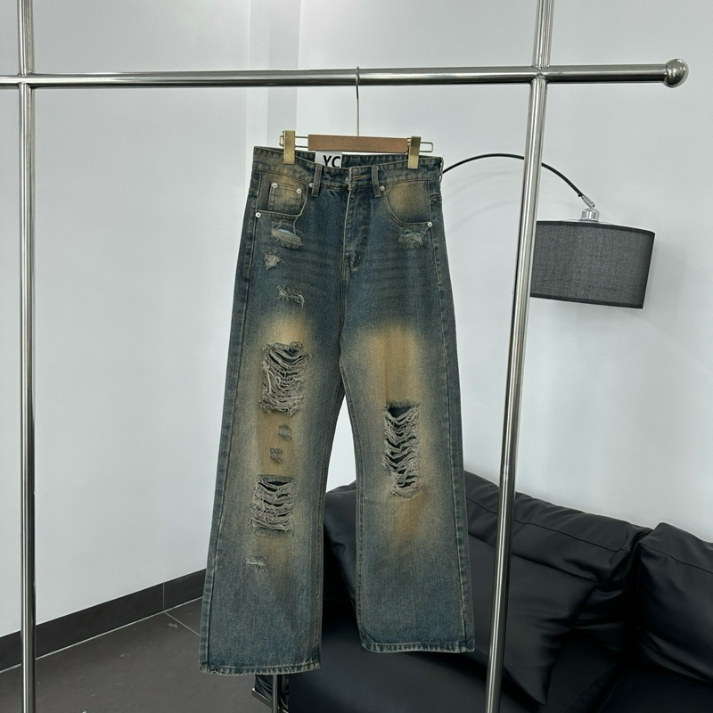 QUẦN  JEANS XANH RÁCH WASH NÂU LOANG - FROM RỘNG - Chất Liệu Jeans Cao Cấp - Kèm Ảnh Thật ms1242