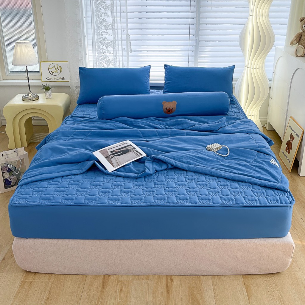 Bộ Chăn Ga Cotton Đũi Teddy Bear Ga Trần + Chăn Chần Bông