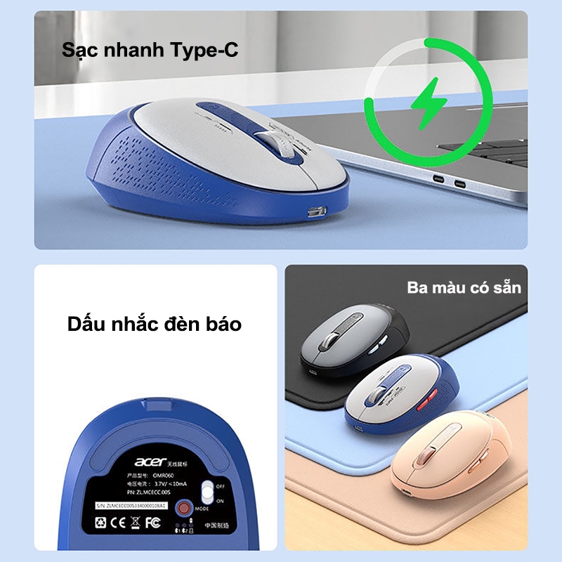 Chuột Im Lặng Không Dây Acer Chế Độ Kép USB 2.4G Và Bluetooth Có Thể Sạc Lại Thích Hợp Làm Văn Phòng Công Ty Và Gaming