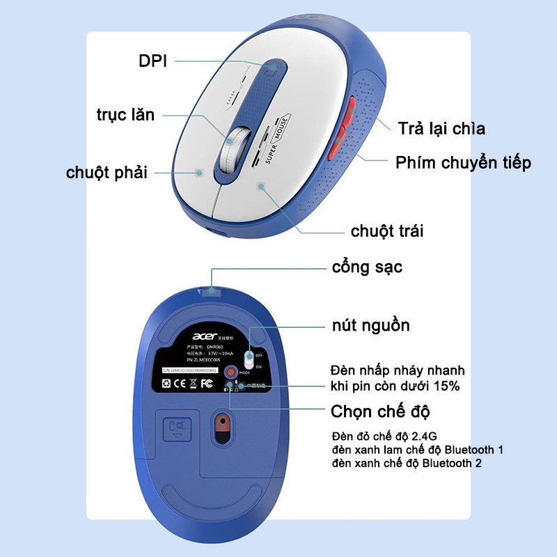Chuột Im Lặng Không Dây Acer Chế Độ Kép USB 2.4G Và Bluetooth Có Thể Sạc Lại Thích Hợp Làm Văn Phòng Công Ty Và Gaming