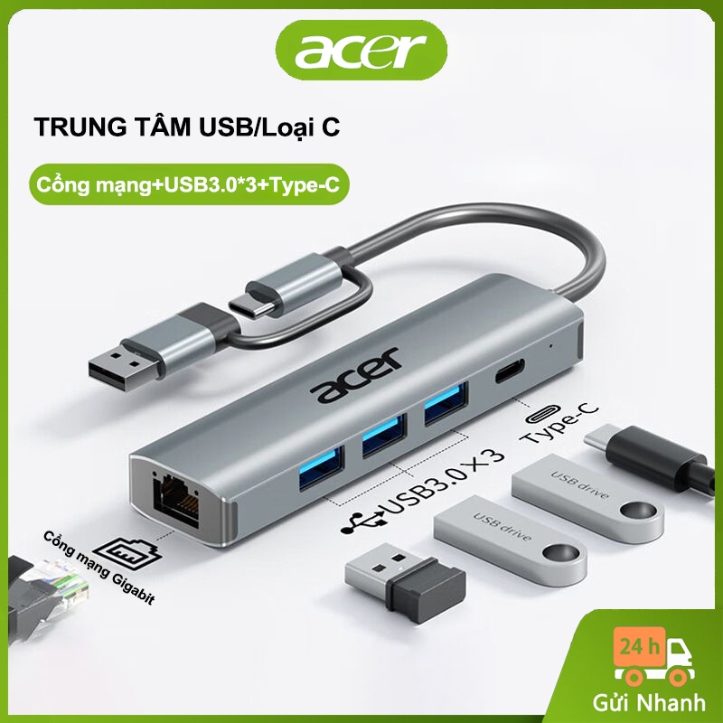 Bộ Chia Type-C/USB Acer T4 5 in 1 Hub USB Truyền Tốc Độ Cao USB*3 + Cổng Mạng 1000M + Type-C Thích H