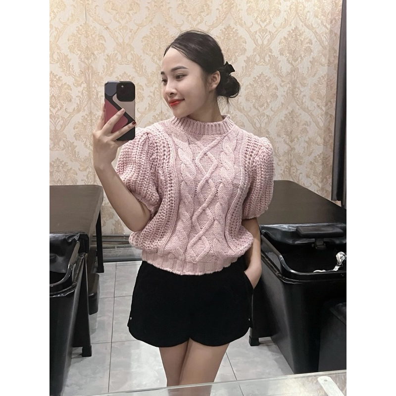 Áo Len Thừng Tay Bồng, Tay Ngắn Dáng Xinh Size 45-58kg áo dài 48cm vai 41cm tay áo 25cm - Huyền Shop