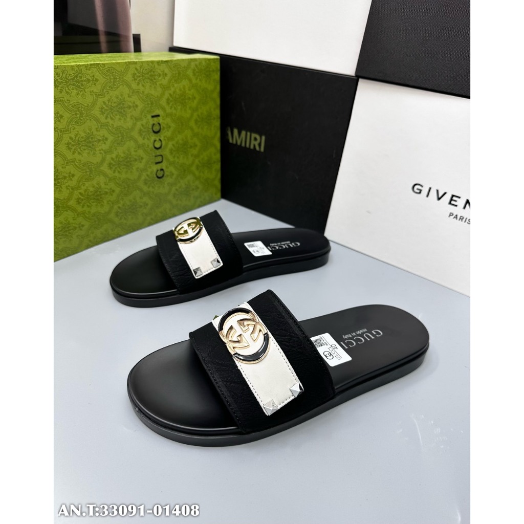 Dép nam GC, dép da nam cao cấp logo vàng thời thượng quý phái