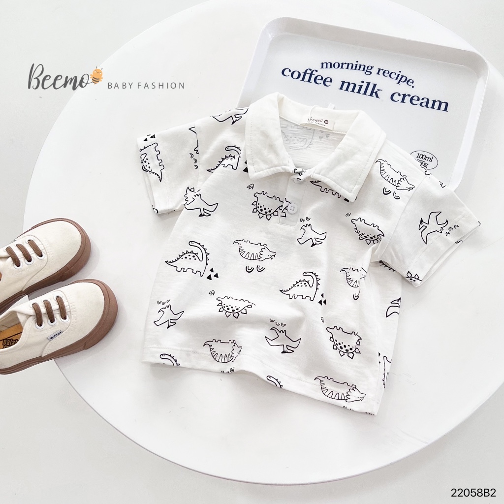 Bộ Polo khủng long cho bé trai Beemo,Chất liệu mềm mát,Áo cotton xược in khủng long dễ thương,phối quần giả bò B326