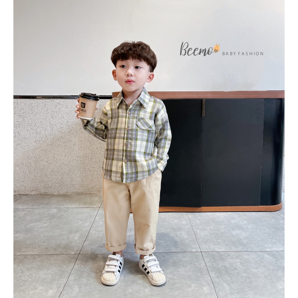 Set sơ mi cho bé trai Beemo, Chất liệu cotton mềm mịn, họa tiết kẻ sọc caro cá tính, hàng xuất Âu Mỹ cực đẹp B100