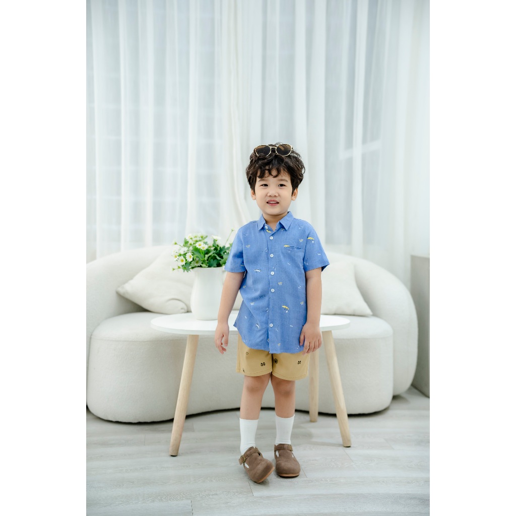 Áo Sơ Mi Linen Ngắn Tay Họa Tiết Ván Trượt Bé Trai