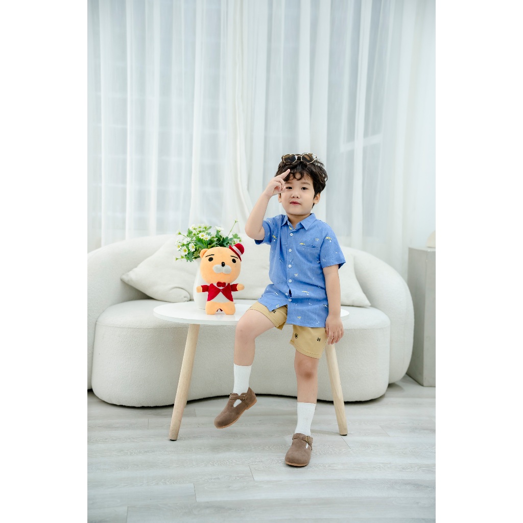 Áo Sơ Mi Linen Ngắn Tay Họa Tiết Ván Trượt Bé Trai