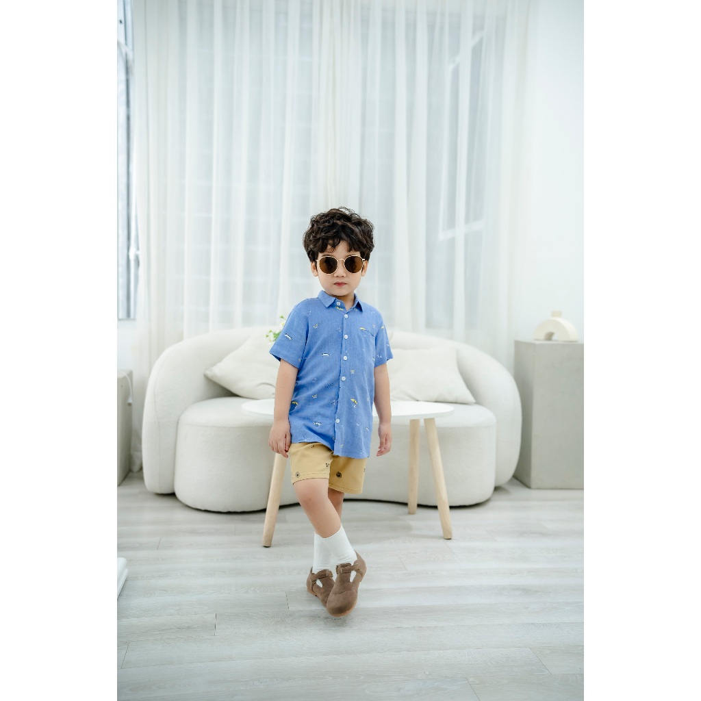 Áo Sơ Mi Linen Ngắn Tay Họa Tiết Ván Trượt Bé Trai
