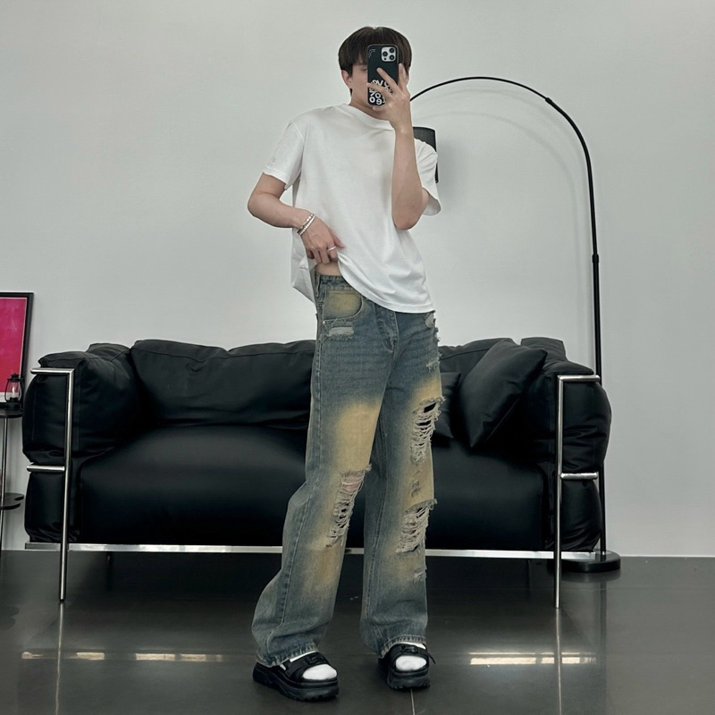 QUẦN  JEANS XANH RÁCH WASH NÂU LOANG - FROM RỘNG - Chất Liệu Jeans Cao Cấp - Kèm Ảnh Thật ms1242