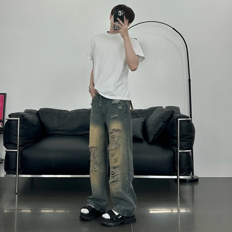 QUẦN  JEANS XANH RÁCH WASH NÂU LOANG - FROM RỘNG - Chất Liệu Jeans Cao Cấp - Kèm Ảnh Thật ms1242