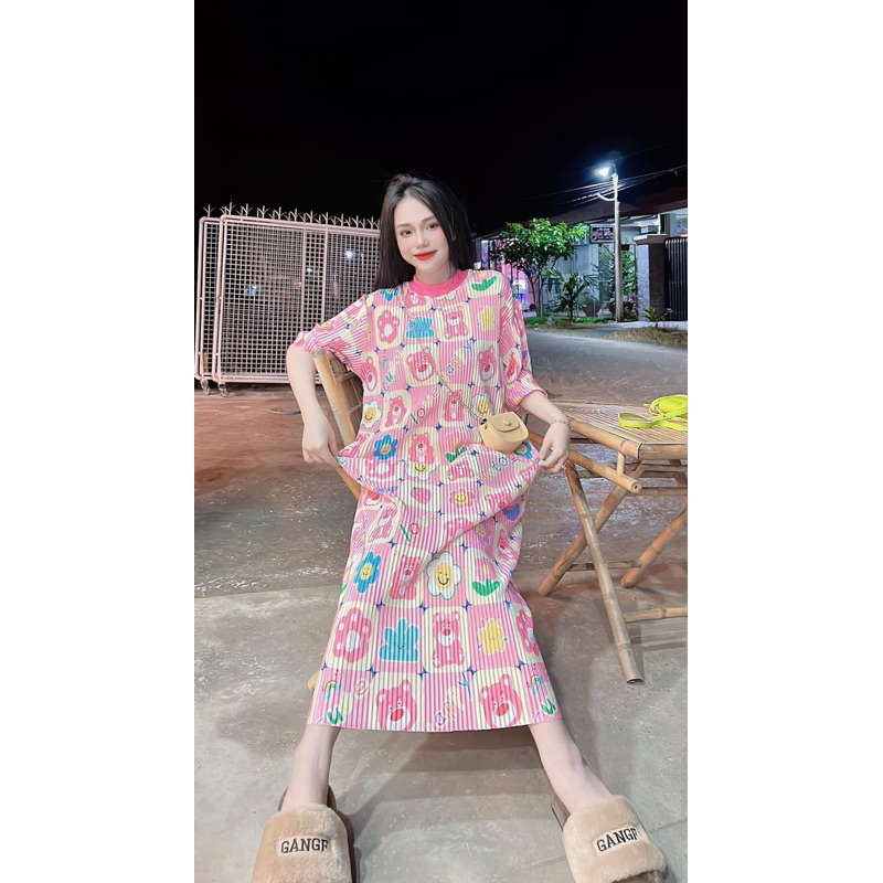 Đầm suông thun thái xếp ly dáng dài freesize váy form rộng trendy