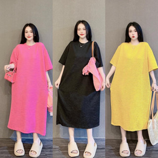 Váy thun suông trơn xốp gân thái đầm form rộng trendy