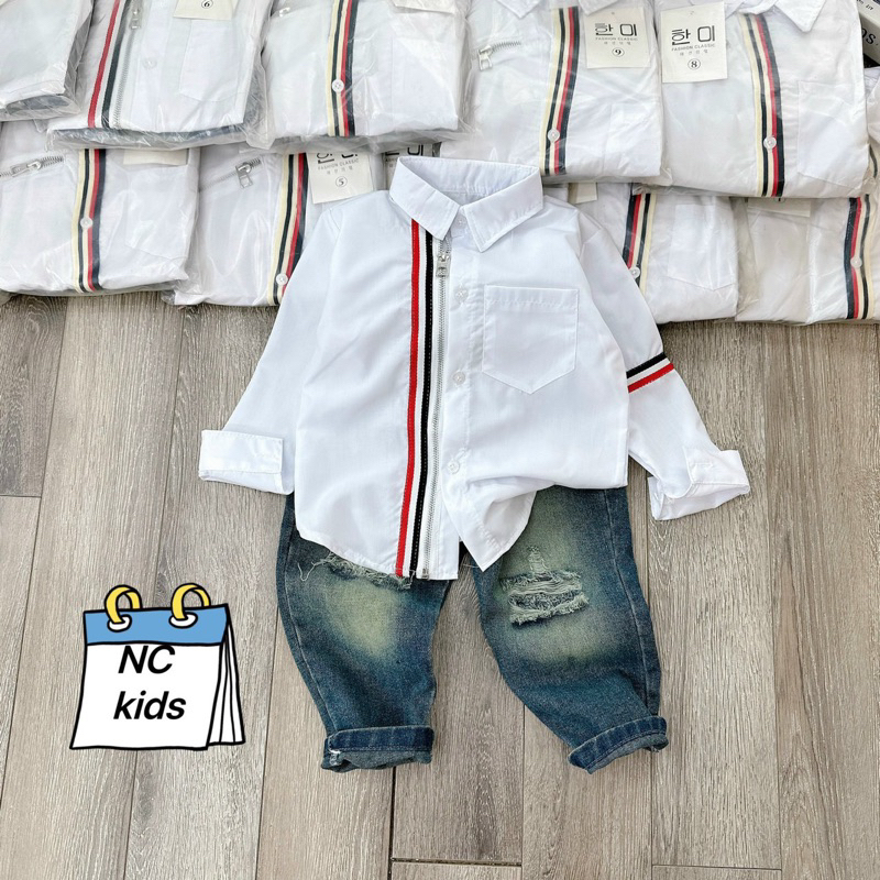 Sét bộ áo sơ mi trắng dài tay phối quần jean dài rách cho bé trai