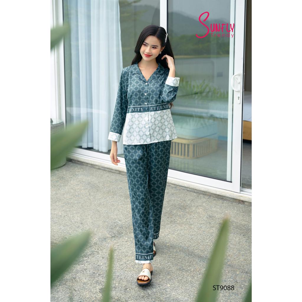 Bộ nữ Sunfly chất lụa satin quần dài tay dài cổ pyjamas ST9088