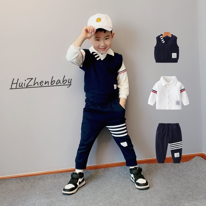 Quần áo bé trai,Set 3ct công tử, áo cotton trắng, quần và áo gile chất da cá hàng thiết kế đẹp từ 8-20 kg