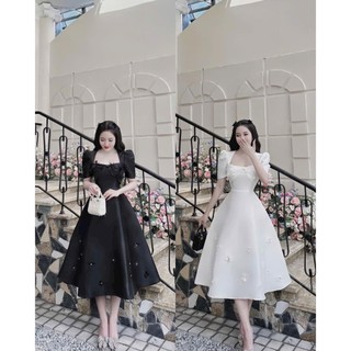 XẢ HÀNG Đầm váy tafta midi thiết kế đính bông chanh sả sang trọng Gs0197