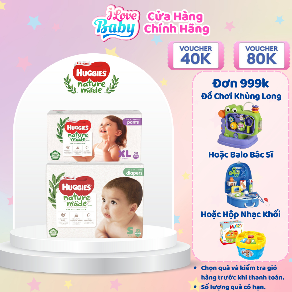 Hàng Chính Hãng Tã Dán Quần Huggies Platinum Nature Made Size NB60 S82 M64