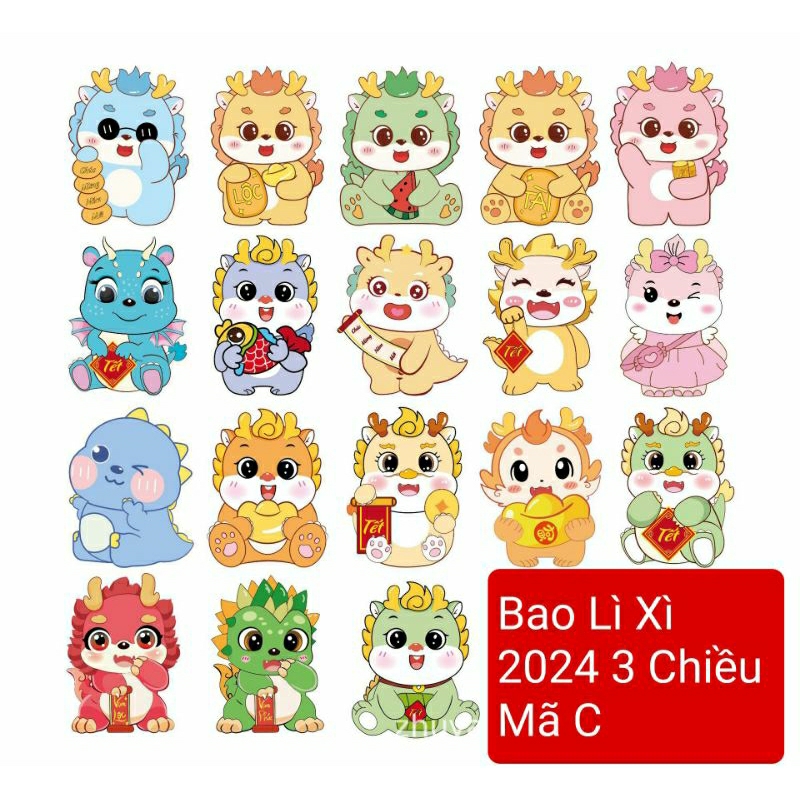 Set 100 , 200 bao lì xì 2024 3Chiều chum 100 mẫu ngầu nhiên cưng sĩu
