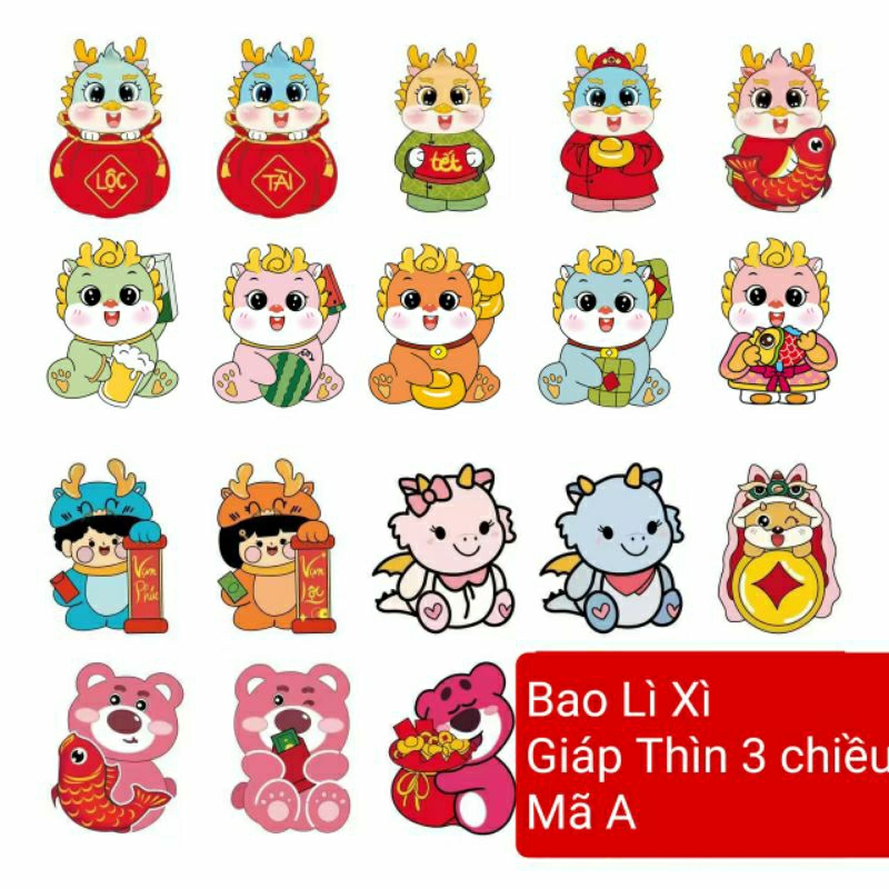 Set 100 , 200 bao lì xì 2024 3Chiều chum 100 mẫu ngầu nhiên cưng sĩu