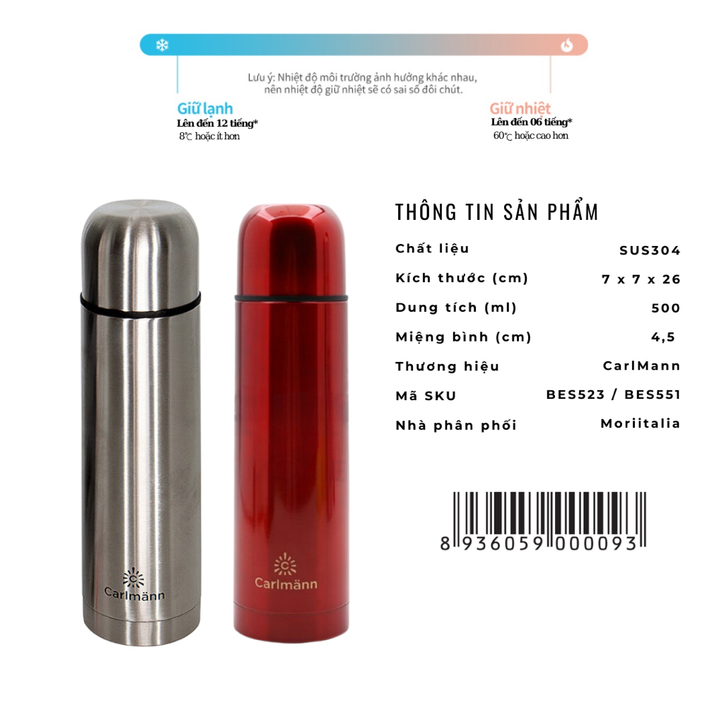 Bình Giữ Nhiệt Carlmann 500ml BES551-R Vacuum Flask BES523 - Thép không gỉ - Chính hãng Moriitalia