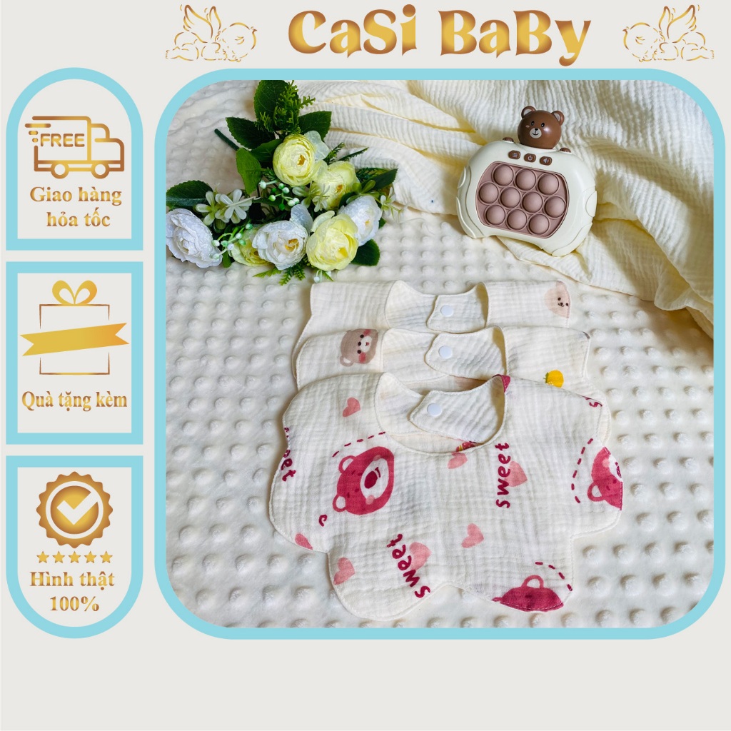 Khăn yếm cho bé xô muslin cổ tròn xoay 360 độ thấm hút mềm mại CaSi BaBy