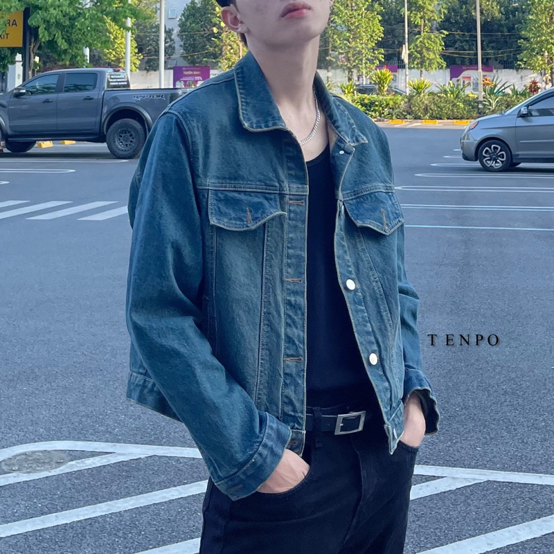 Áo Khoác Denim Xanh Đậm Cổ Điển Crop TENPO