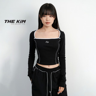 Áo thun croptop dài tay cổ vuông phối line THE KIM , chất liệu 100% cotton T227