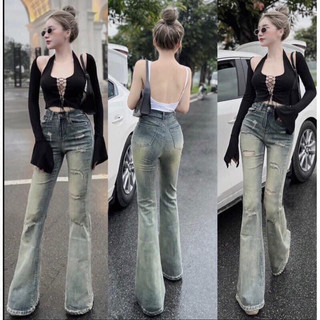 Quần jean màu bụi dáng loe rách siêu hot