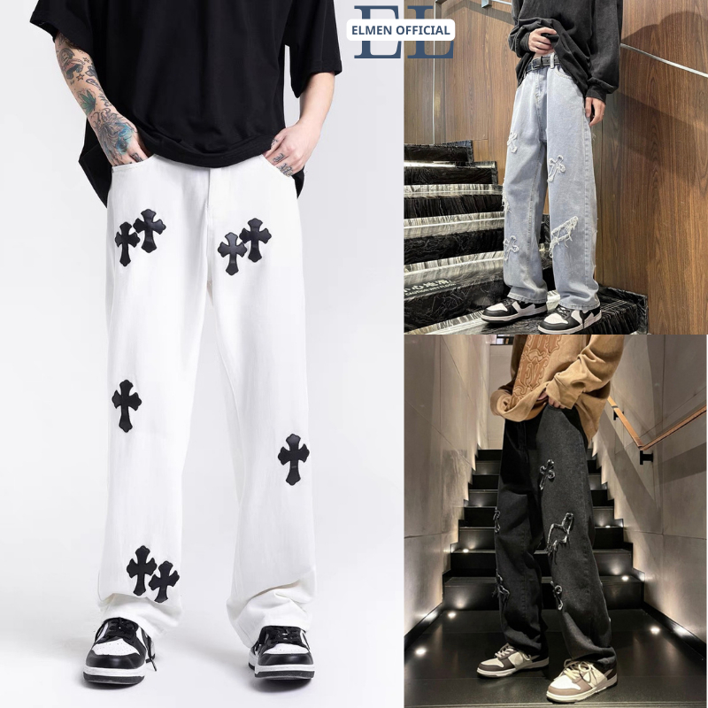 quần jean nam trắng chữ thập thêu rách gối khóa séc zip đen HELLOYOU, quầ bò jean nam rách gối ống r