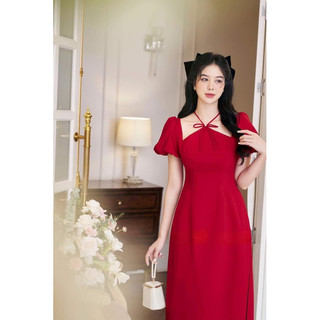 Sét áo dài cách tân cổ yếm tay phồng cột nơ kèm quần xinh lung linh