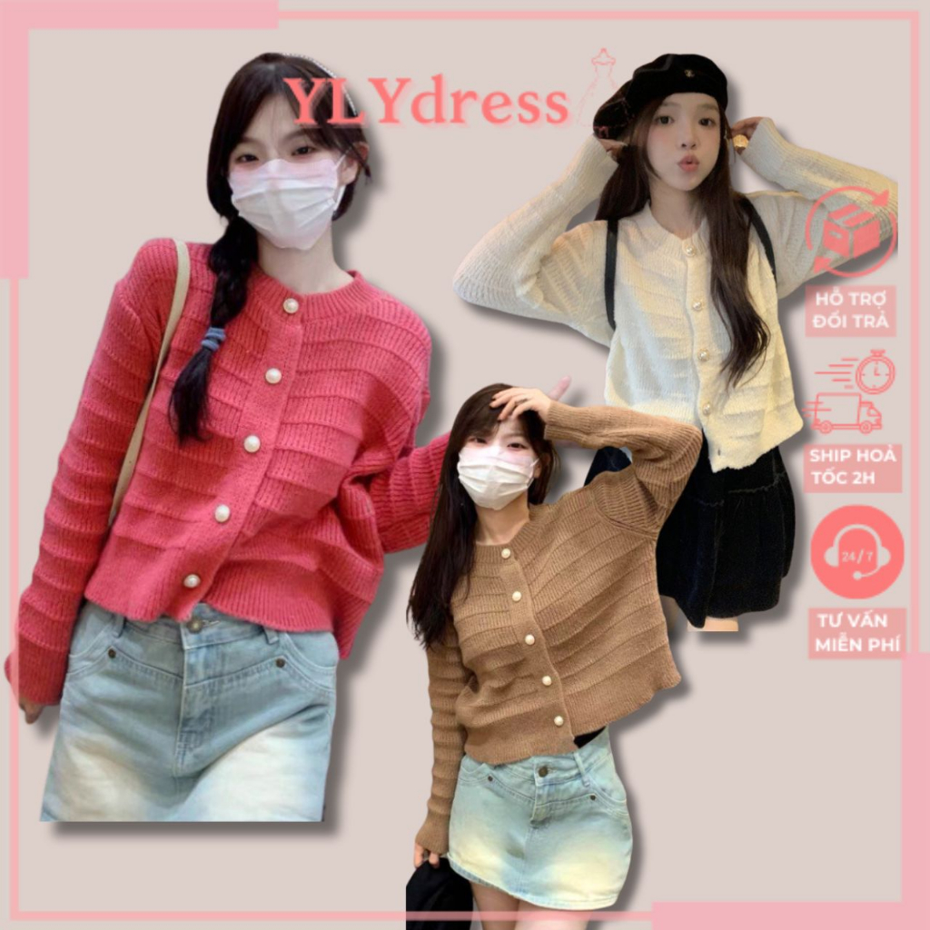 Áo len dài tay nữ sóng ngang cúc ngọc hồng be nâu xanh YLY áo khoác len cardigan basic cổ tròn C1931