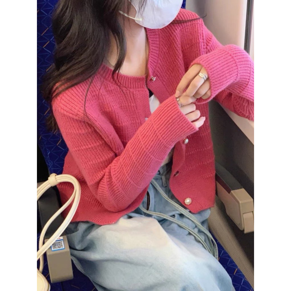 Áo len dài tay nữ sóng ngang cúc ngọc hồng be nâu xanh YLY áo khoác len cardigan basic cổ tròn C1931