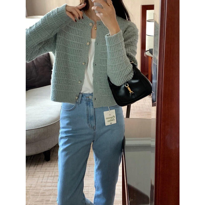 Áo len dài tay nữ sóng ngang cúc ngọc hồng be nâu xanh YLY áo khoác len cardigan basic cổ tròn C1931