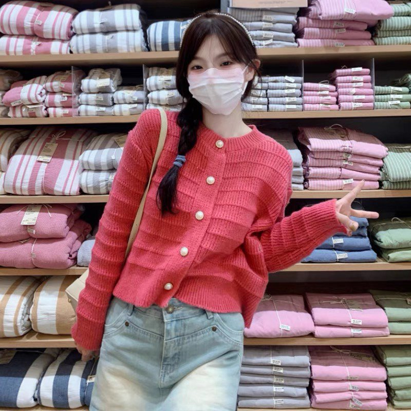 Áo len dài tay nữ sóng ngang cúc ngọc hồng be nâu xanh YLY áo khoác len cardigan basic cổ tròn C1931