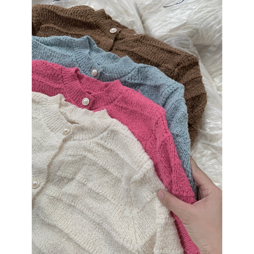 Áo len dài tay nữ sóng ngang cúc ngọc hồng be nâu xanh YLY áo khoác len cardigan basic cổ tròn C1931