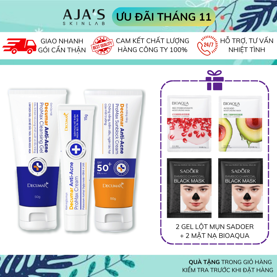 Combo giảm mụn, sáng da Decumar ProMax Anti-Acne giảm thâm, sẹo (Sữa rửa mặt 100g + Kem mụn 15g + Kem chống nắng 50g)