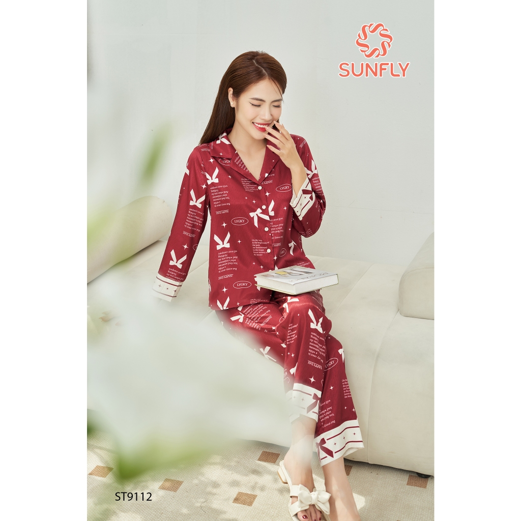 Đồ bộ nữ Sunfly chất lụa gấm quần dài tay dài cổ pyjama hoạ tiết trẻ trung ST9112