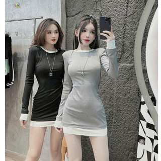 Đầm tay dài dáng ngắn viền màu trắng tay cổ và đáy , ôm body cực xinh , chất thun bozip dày dặn