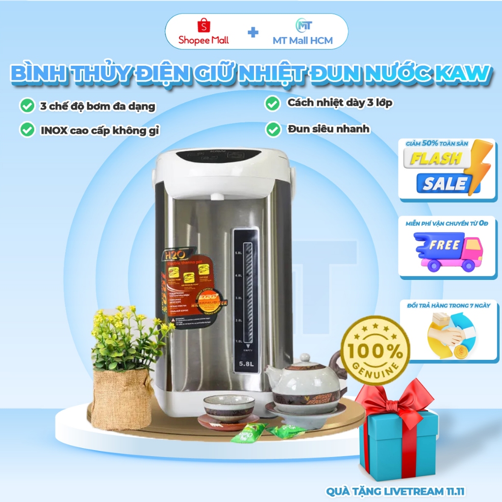 Bình Thủy Điện, Bình Giữ Nhiệt KAW Chính Hãng Dung Lượng 5,8L Đun Siêu Tốc An Toàn, Bảo hành 1 Năm