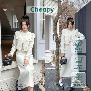 [Ảnh/video thật]Set đầm tiểu thư dạ Tweed tua rua mix chân váy dài Cheapy set váy dạ 4 nắp túi kèm chân váy midi C2040