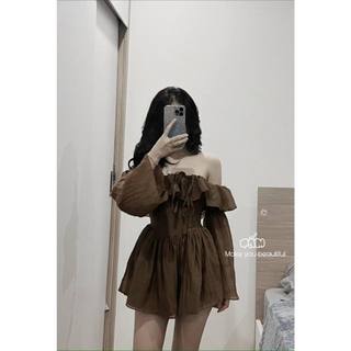Đầm Váy Corset, Váy Tay Rũ Xoè Nhẹ, Váy Trễ Vai Màu Nâu Phù Hợp Đi Chơi, Đi Học, Đi Làm, Dự Tiệc