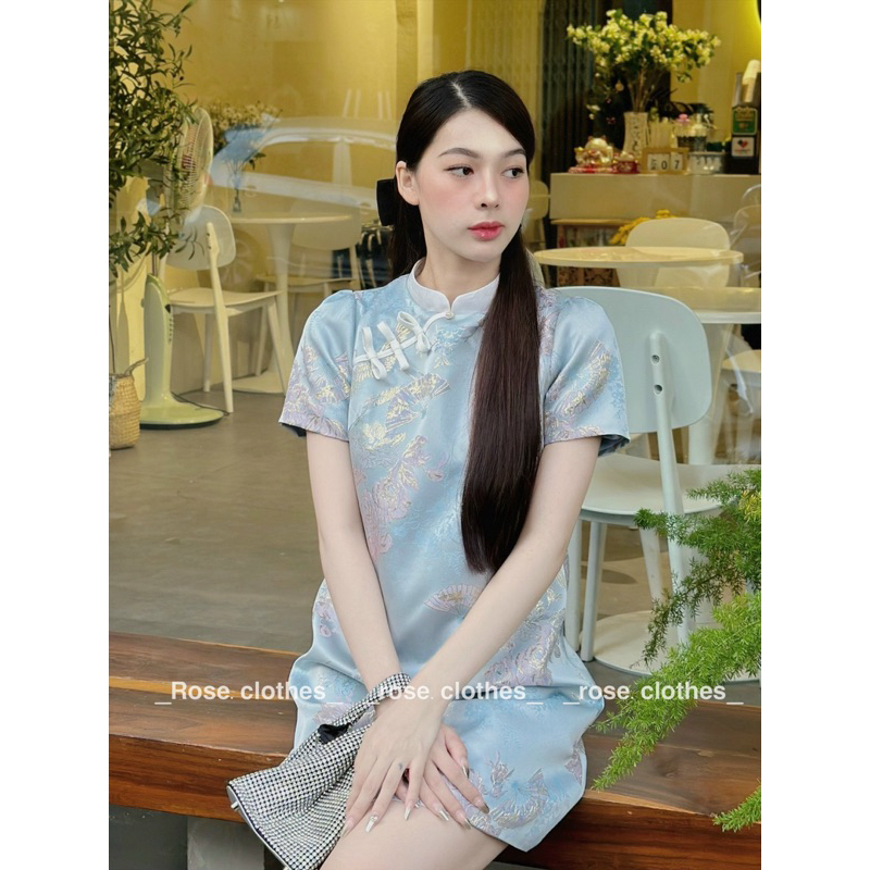 Váy An Nhiên kiểu dáng áo dài cách tân phối cổ yếm hoạ tiết gấm siêu xinh. Ảnh thật by Rose.clothes